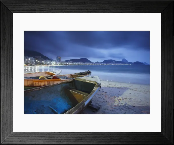 Framed Print : Fishing boats on Copacabana beach at dusk, Rio de Janeiro, Brazil Framed Print : Fishing boats on Copacabana beach at dusk, Rio de Janeiro, Brazil