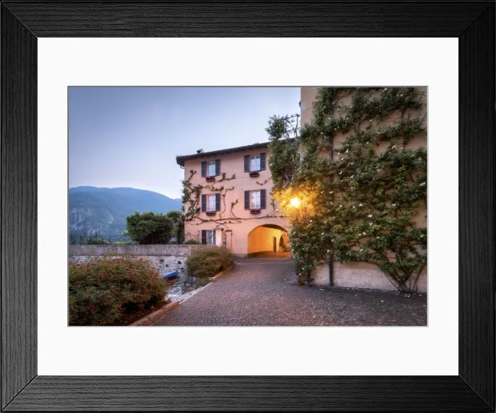 Framed Print : View of the village Varenna at dusk, Mandello, Lecco Province, Lombardy, Italy, Europe