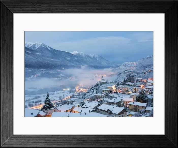 Framed Print : Dawn on the village of Poggiridenti after an snowy night, Province of Sondrio, Valtellina Framed Print : Dawn on the village of Poggiridenti after an snowy night, Province of Sondrio, Valtellina