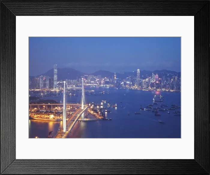 Framed Print : Stonecutters Bridge, Victoria Harbour and Hong Kong Island at dusk, Hong Kong, China Framed Print : Stonecutters Bridge, Victoria Harbour and Hong Kong Island at dusk, Hong Kong, China