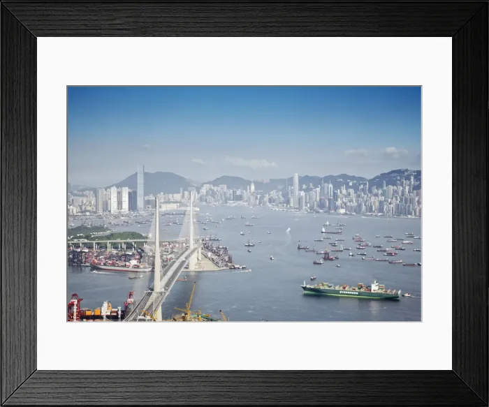 Framed Print : View of Stonecutters Bridge, Victoria Harbour and Hong Kong Island from Tsing Yi