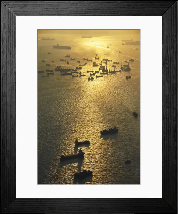 Framed Print : Aerial view of cargo ships, Hong Kong, China