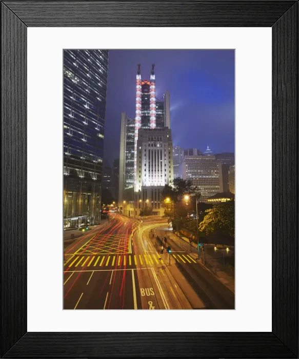 Framed Print : Traffic passing along Queens Road Central with HSBC building in background, Central Framed Print : Traffic passing along Queens Road Central with HSBC building in background, Central