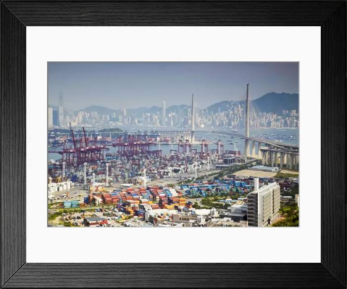 Framed Print : Stonecutters Bridge & container port with Hong Kong Island in background, Hong Kong Framed Print : Stonecutters Bridge & container port with Hong Kong Island in background, Hong Kong