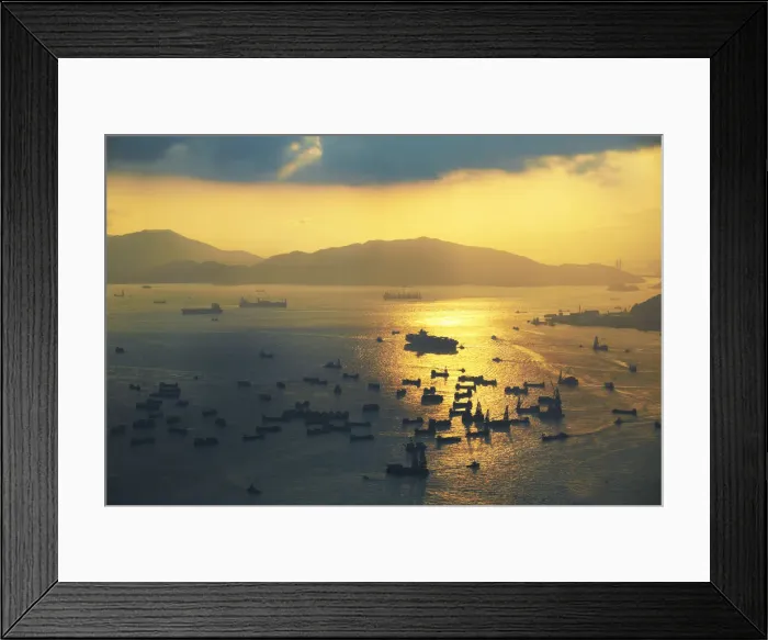 Framed Print : Aerial view of cargo ships with Lantau Island in the background, Hong Kong, China Framed Print : Aerial view of cargo ships with Lantau Island in the background, Hong Kong, China