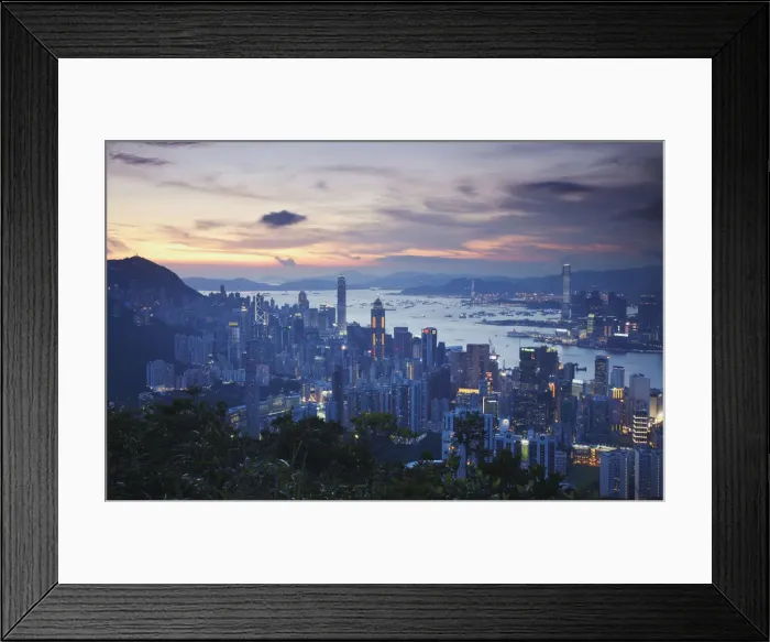 Framed Print : Hong Kong Island and Kowloon skylines at sunset, Hong Kong, China Framed Print : Hong Kong Island and Kowloon skylines at sunset, Hong Kong, China