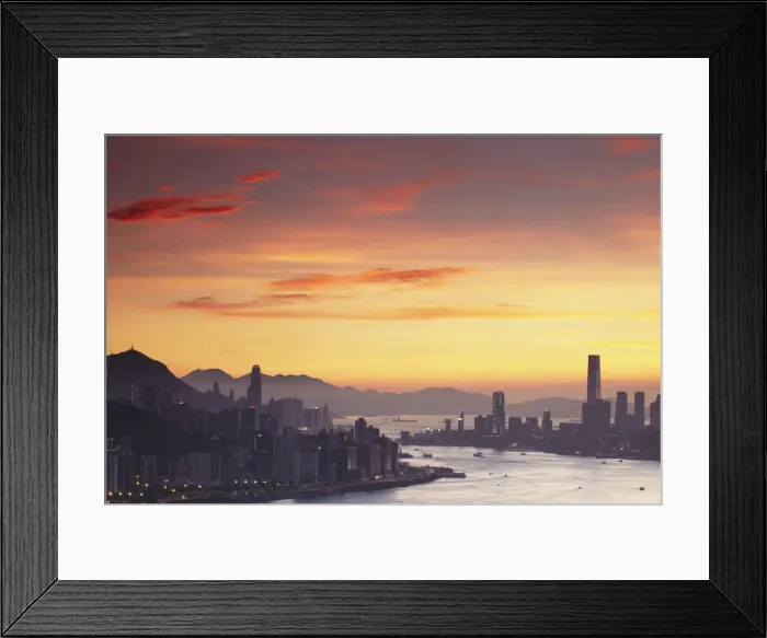 Framed Print : Hong Kong Island and Tsim Sha Tsui skylines at sunset, Hong Kong, China Framed Print : Hong Kong Island and Tsim Sha Tsui skylines at sunset, Hong Kong, China
