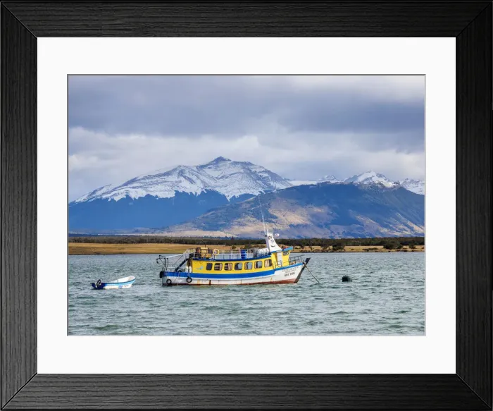 Framed Print : Boat in Admiral Montt Gulf, Puerto Natales, Ultima Esperanza Province, Patagonia, Chile Framed Print : Boat in Admiral Montt Gulf, Puerto Natales, Ultima Esperanza Province, Patagonia, Chile