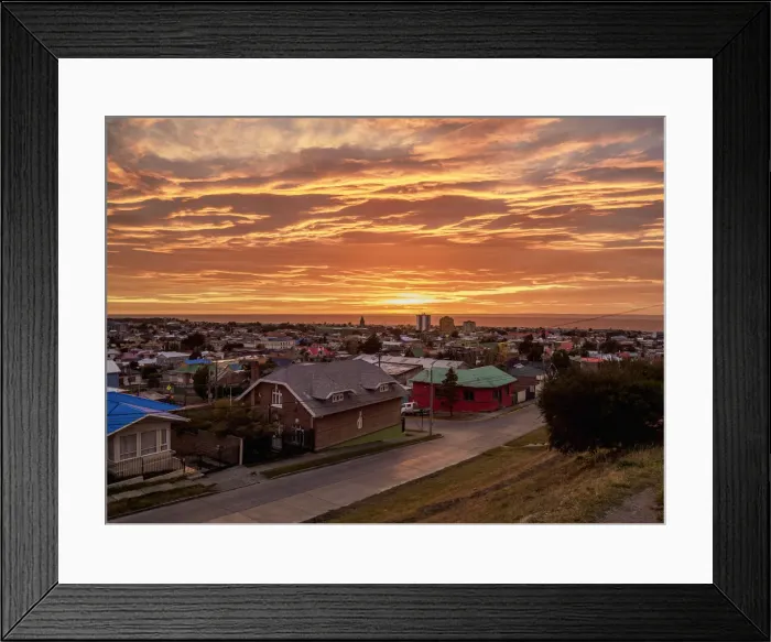 Framed Print : View over city towards Strait of Magellan at sunrise, Punta Arenas, Magallanes Province Framed Print : View over city towards Strait of Magellan at sunrise, Punta Arenas, Magallanes Province