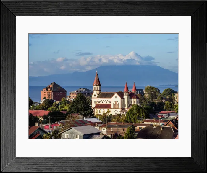 Framed Print : Church and Osorno Volcano, elevated view, Puerto Varas, Llanquihue Province, Los Lagos Framed Print : Church and Osorno Volcano, elevated view, Puerto Varas, Llanquihue Province, Los Lagos
