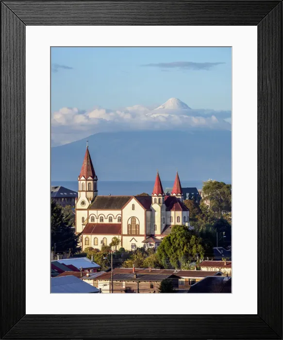 Framed Print : Church and Osorno Volcano, elevated view, Puerto Varas, Llanquihue Province, Los Lagos Framed Print : Church and Osorno Volcano, elevated view, Puerto Varas, Llanquihue Province, Los Lagos