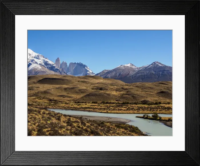 Framed Print : View over Paine River towards Towers of Paine, Torres del Paine National Park, Patagonia Framed Print : View over Paine River towards Towers of Paine, Torres del Paine National Park, Patagonia