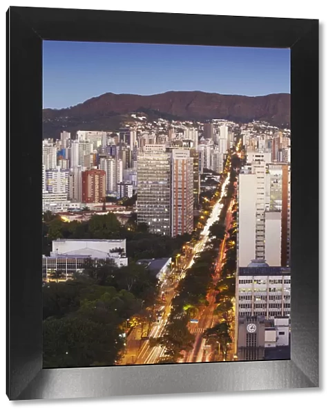 View of Avenida Afonso Pena and city skyline at dusk, Belo Horizonte, Minas Gerais