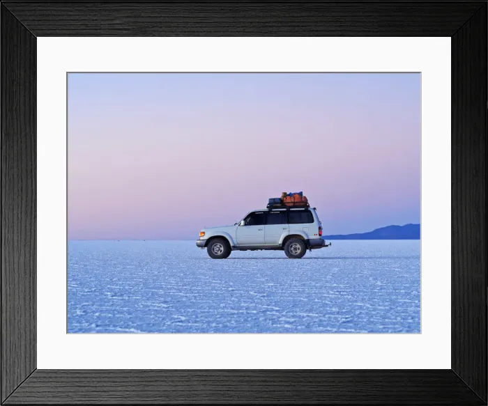 Framed Print : Bolivia, Potosi Department, Daniel Campos Province, White Toyota Landcruiser on Framed Print : Bolivia, Potosi Department, Daniel Campos Province, White Toyota Landcruiser on