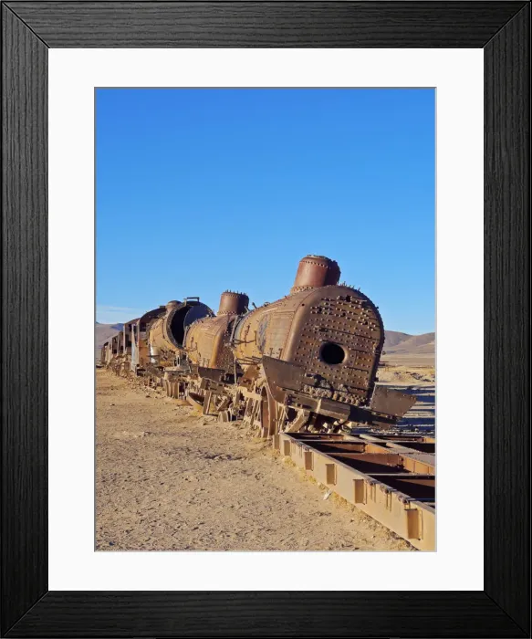 Framed Print : Bolivia, Potosi Department, Antonio Quijarro Province, Uyuni, View of the train cemetery Framed Print : Bolivia, Potosi Department, Antonio Quijarro Province, Uyuni, View of the train cemetery