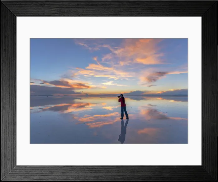 Framed Print : South America, Andes, Altiplano, Bolivia, Salar de Uyuni, woman taking pictures at sunset Framed Print : South America, Andes, Altiplano, Bolivia, Salar de Uyuni, woman taking pictures at sunset
