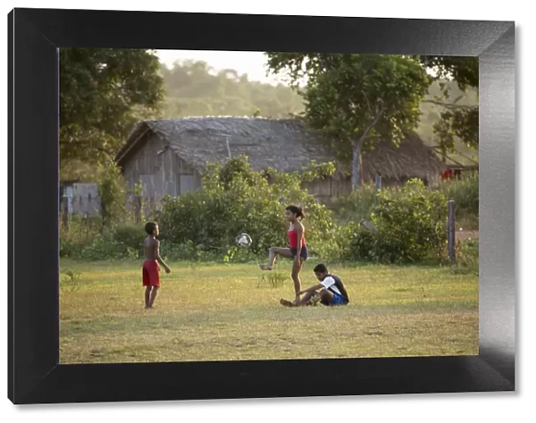 South America, Brazil, Para state, Marajo island, Soure, children playing football