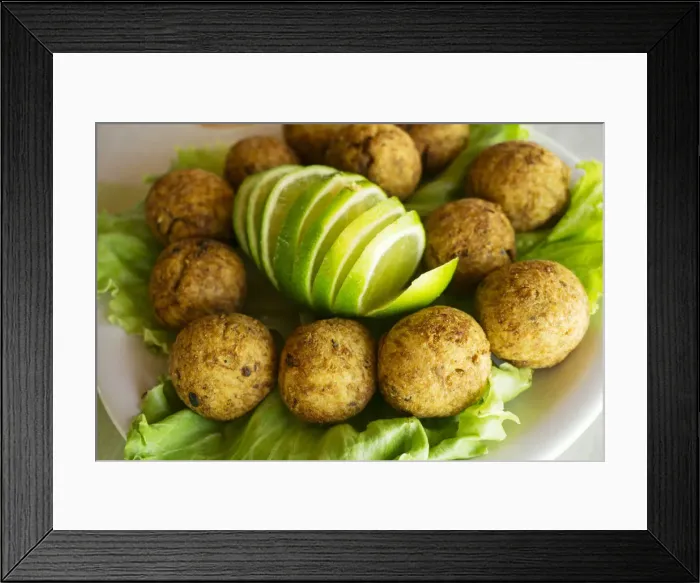 Framed Print : Brazil, food, a petisco (snack) of bolinhos de bacalhau or Pasteis de bacalhau - cod