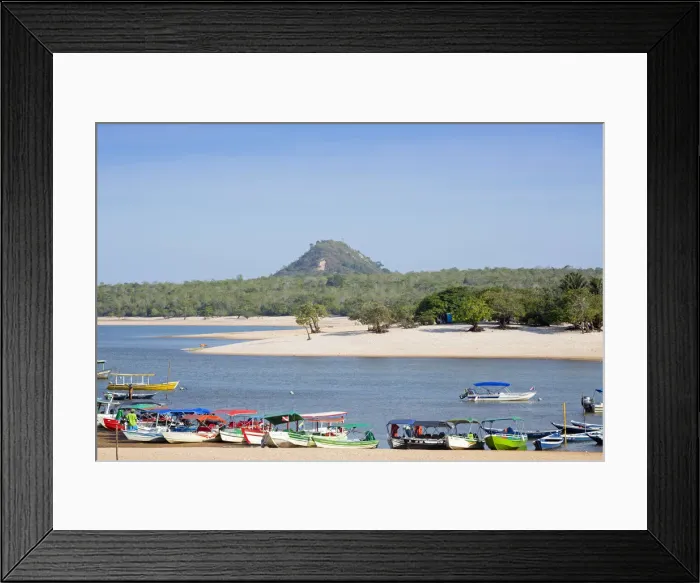 Framed Print : Brazil, Brazilian Amazon, Para, Tapajos river, Alter do Chao, boats moored on Love Island Framed Print : Brazil, Brazilian Amazon, Para, Tapajos river, Alter do Chao, boats moored on Love Island