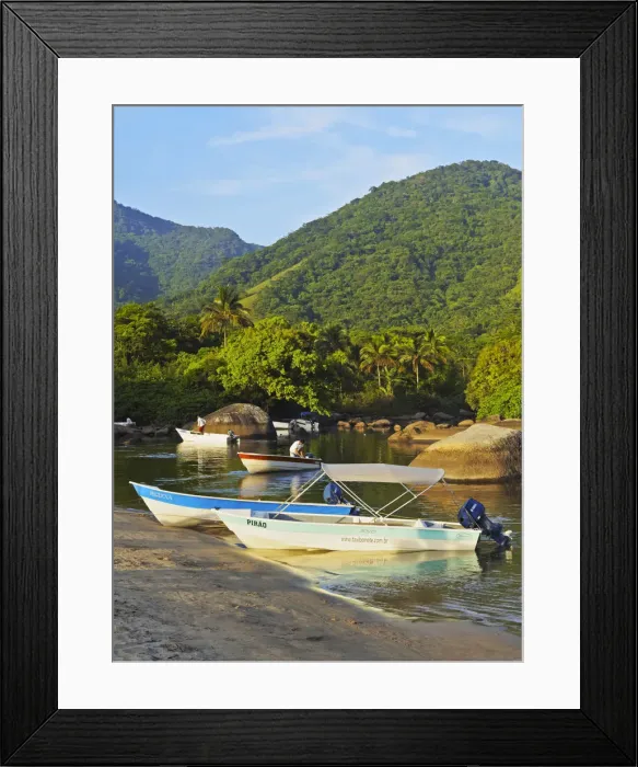 Framed Print : Brazil, State of Sao Paulo, Ilhabela Island, Boats on the beach in Bonete Framed Print : Brazil, State of Sao Paulo, Ilhabela Island, Boats on the beach in Bonete