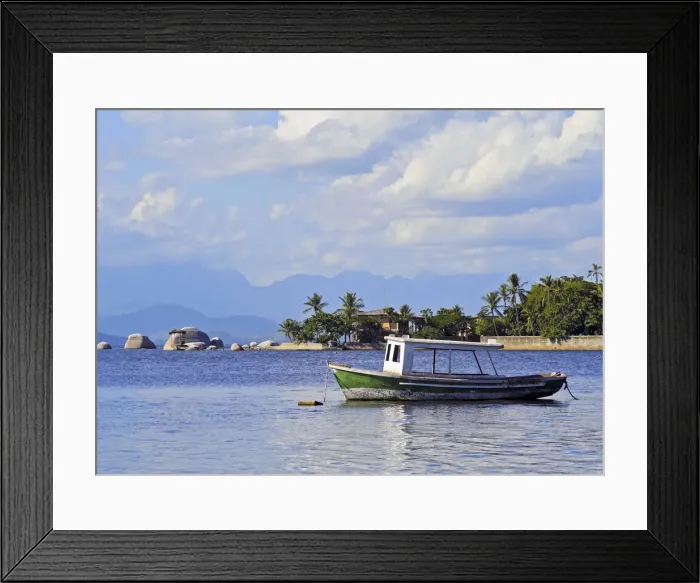 Framed Print : Brazil, State of Rio de Janeiro, Guanabara Bay, Paqueta Island, Boat near the coast Framed Print : Brazil, State of Rio de Janeiro, Guanabara Bay, Paqueta Island, Boat near the coast