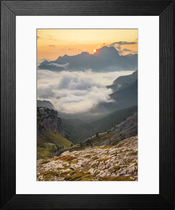 Framed Print : The sun rises in Cortina d Ampezzo hidden by the morning fog, Belluno district Framed Print : The sun rises in Cortina d Ampezzo hidden by the morning fog, Belluno district