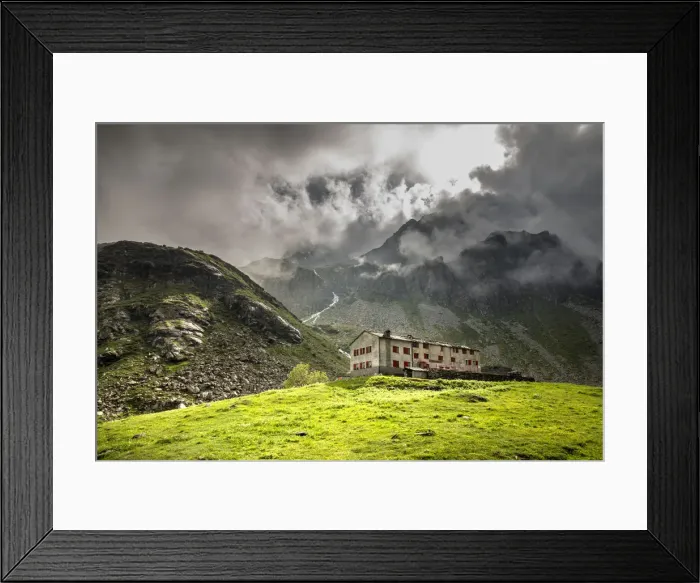 Framed Print : Pian del Re refuge, Crissolo village, Cuneo district, Piedmont, Italy Framed Print : Pian del Re refuge, Crissolo village, Cuneo district, Piedmont, Italy