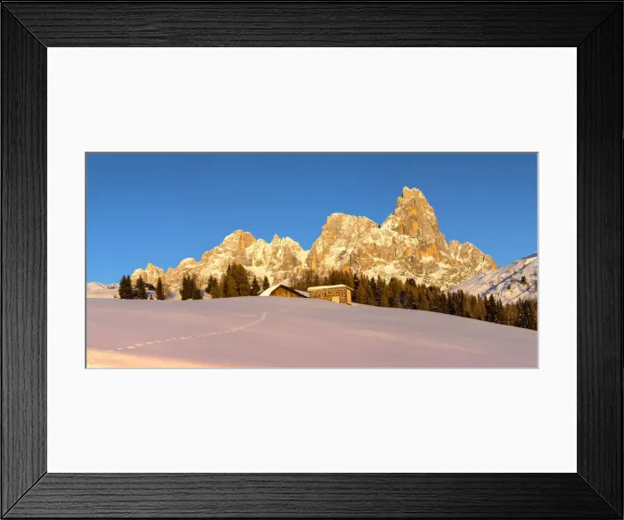 Framed Print : Pale di San Martino at sunrise, Passo Rolle, San Martino di Castrozza village, Trento