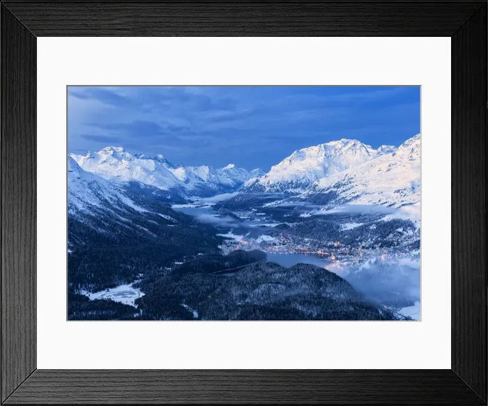 Framed Print : Elevated view of high Engadine at dusk. Engadine valley, Canton of Grisons, Switzerland Framed Print : Elevated view of high Engadine at dusk. Engadine valley, Canton of Grisons, Switzerland
