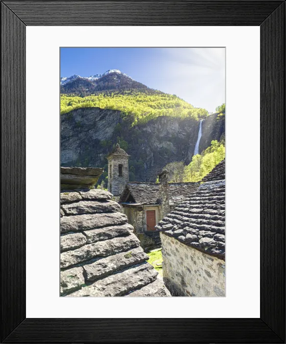 Framed Print : Traditional houses and church of Foroglio, Val Bavona, Canton of Ticino, Switzerland Framed Print : Traditional houses and church of Foroglio, Val Bavona, Canton of Ticino, Switzerland
