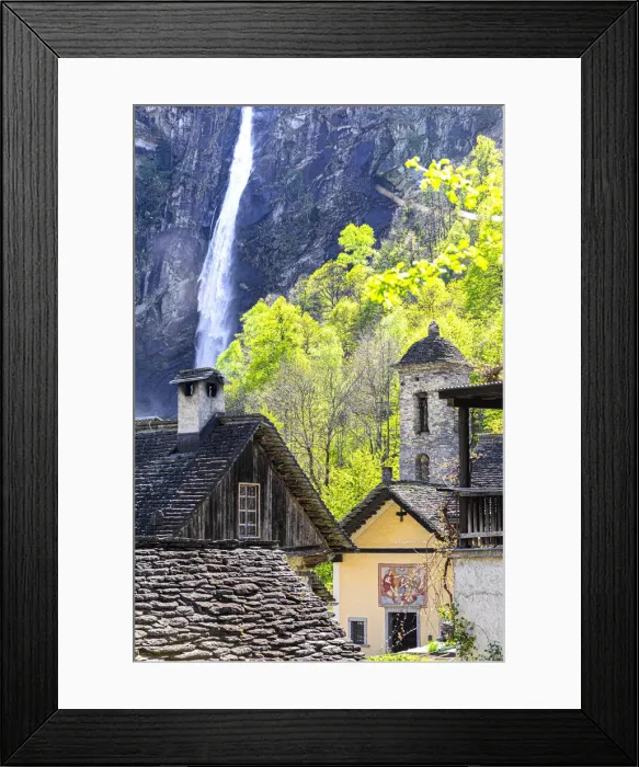 Framed Print : Traditional houses and church of Foroglio with the waterfall in the background, Val Framed Print : Traditional houses and church of Foroglio with the waterfall in the background, Val