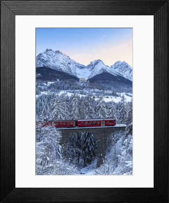 Framed Print : Bernina Express transit on the viaduct in winter. Lower Engadine, Canton of Grisons Framed Print : Bernina Express transit on the viaduct in winter. Lower Engadine, Canton of Grisons