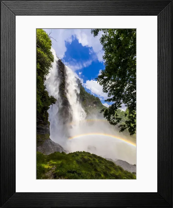 Framed Print : Acquafraggia Waterfall in spring with a rainbow. Valchiavenna, Valtellina, Lombardy