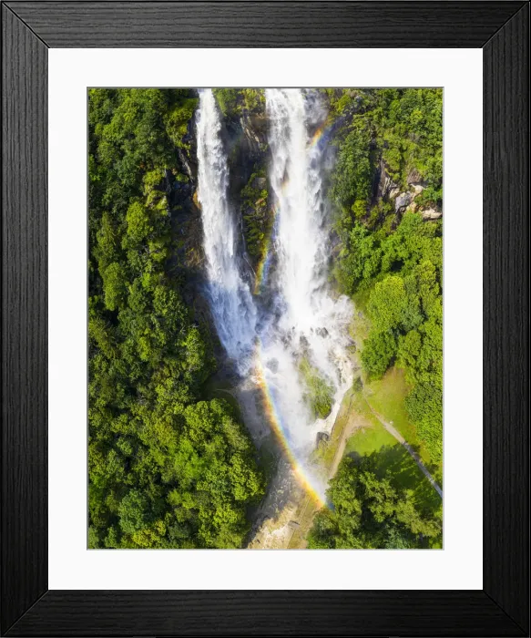 Framed Print : Aerial view of Acquafraggia Waterfall in spring with a rainbow. Valchiavenna, Valtellina Framed Print : Aerial view of Acquafraggia Waterfall in spring with a rainbow. Valchiavenna, Valtellina