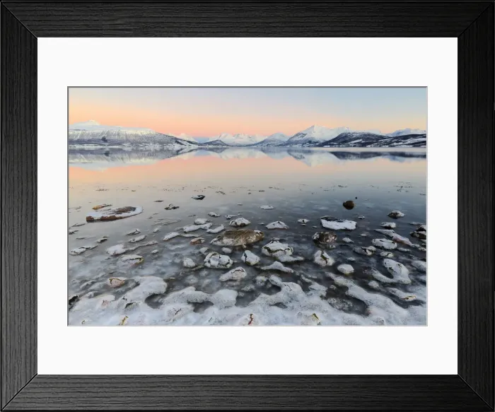 Framed Print : Cloudless sunrise with ice covering the stones on the shore of Balsfjorden. Markenes Framed Print : Cloudless sunrise with ice covering the stones on the shore of Balsfjorden. Markenes