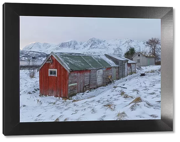 Fishermans houses. Storsteinnes, Balsfjorden, Lyngen Alps, Troms, Norway, Lapland, Europe