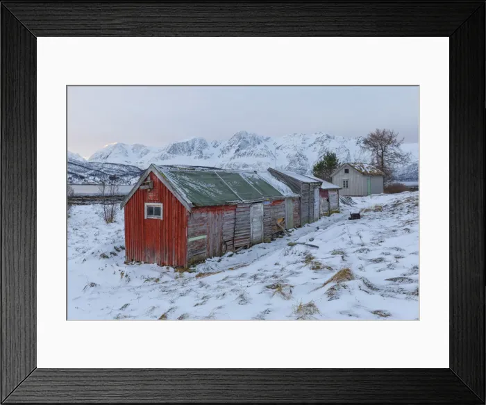 Framed Print : Fishermans houses. Storsteinnes, Balsfjorden, Lyngen Alps, Troms, Norway, Lapland, Europe Framed Print : Fishermans houses. Storsteinnes, Balsfjorden, Lyngen Alps, Troms, Norway, Lapland, Europe