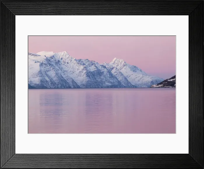 Framed Print : Pink sunset in Kafjorden, Lyngen Alps, Troms, Norway, Lapland, Europe