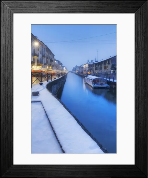 Framed Print : Naviglio Grande after a snowfall during dusk. Milan, Lombardy, Northern Italy, Italy Framed Print : Naviglio Grande after a snowfall during dusk. Milan, Lombardy, Northern Italy, Italy