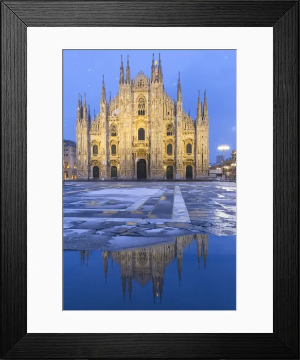Framed Print : Duomo of Milan is reflected in a puddle during a snowfall at twilight. Milan, Lombardy Framed Print : Duomo of Milan is reflected in a puddle during a snowfall at twilight. Milan, Lombardy
