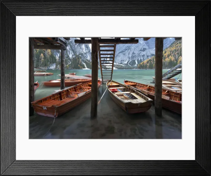 Framed Print : The floating dock and boats at Braies Lake, Natural Park fanes-sennes-braies, Bolzano Framed Print : The floating dock and boats at Braies Lake, Natural Park fanes-sennes-braies, Bolzano