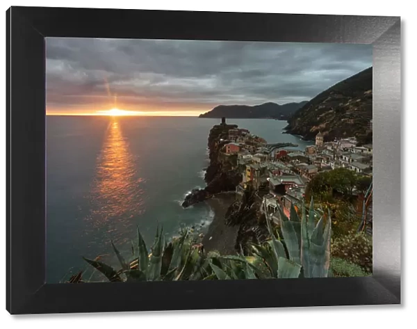 classic view of Vernazza at sunset, national park of Cinque Terre, municipality of