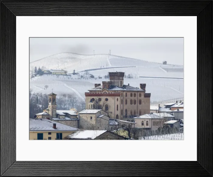 Framed Print : Langhe, Cuneo district, Piedmont, Italy. Langhe wine region winter snow, Barolo castle Framed Print : Langhe, Cuneo district, Piedmont, Italy. Langhe wine region winter snow, Barolo castle