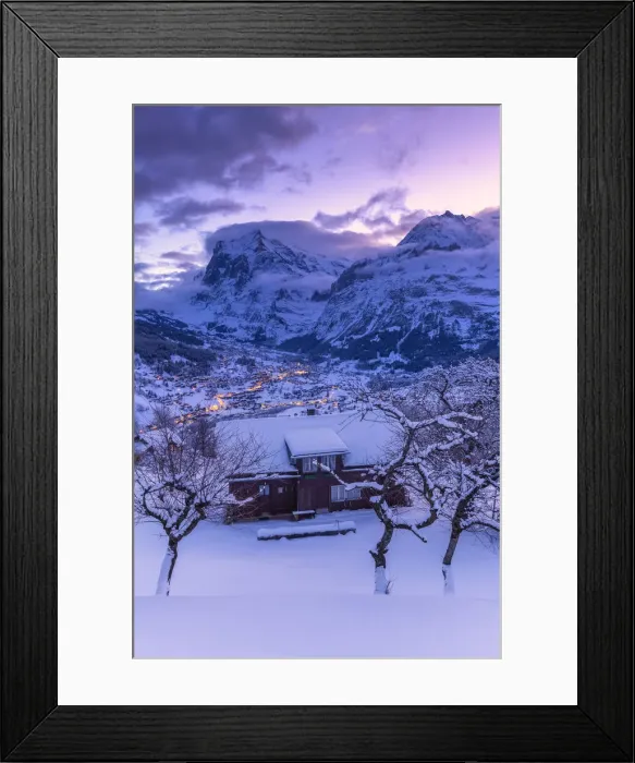 Framed Print : Traditional hut at sunrise after a snowfall. Grindelwald, Canton of Bern, Switzerland Framed Print : Traditional hut at sunrise after a snowfall. Grindelwald, Canton of Bern, Switzerland