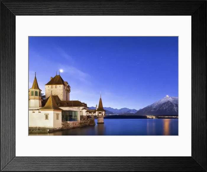 Framed Print : Night at the castle of Oberhofen am Thunersee, Canton of Bern, Switzerland, Europe Framed Print : Night at the castle of Oberhofen am Thunersee, Canton of Bern, Switzerland, Europe