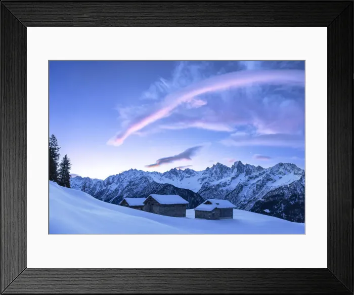 Framed Print : Stunning clouds above huts at sunrise. Soglio, Bregaglia Valley, Canton of Grisons Framed Print : Stunning clouds above huts at sunrise. Soglio, Bregaglia Valley, Canton of Grisons