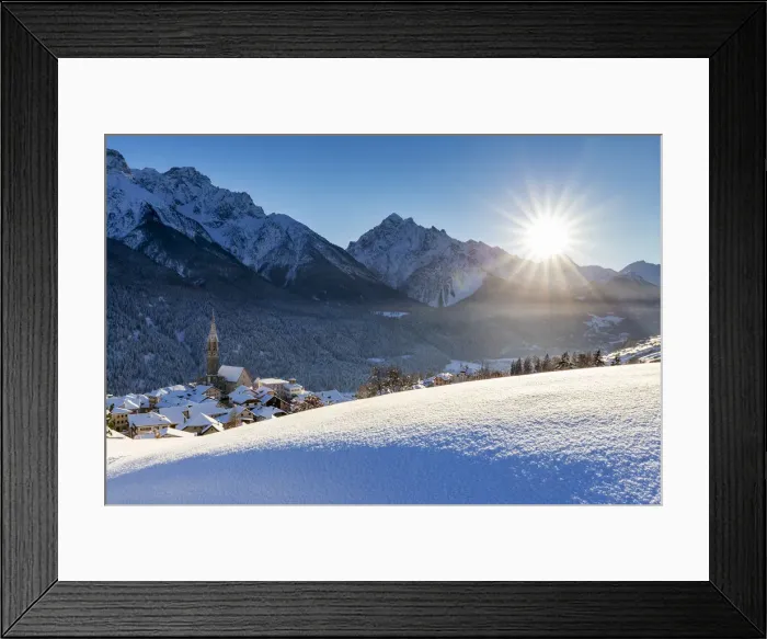 Framed Print : Fresh snow in the village of Sent, Lower Engadine, Canton of Grisons, Switzerland, Europe