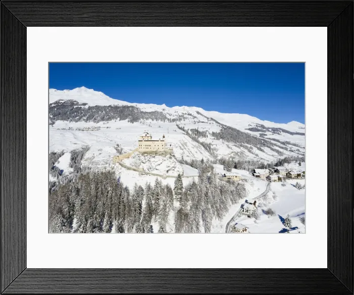 Framed Print : Aerial view of Tarasp castle after snowfall. Tarasp, Lower Engadine, Canton of Grisons Framed Print : Aerial view of Tarasp castle after snowfall. Tarasp, Lower Engadine, Canton of Grisons