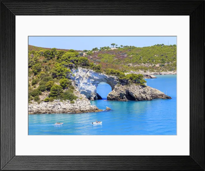 Framed Print : Two boats pass in front of San Felice Arch(Architiello di San Felice), Apulia(Puglia) Framed Print : Two boats pass in front of San Felice Arch(Architiello di San Felice), Apulia(Puglia)