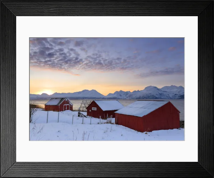 Framed Print : Typical fishing village overlooking the fjord. Nordmannvik, Kafjord, Lyngen Alps, Troms Framed Print : Typical fishing village overlooking the fjord. Nordmannvik, Kafjord, Lyngen Alps, Troms
